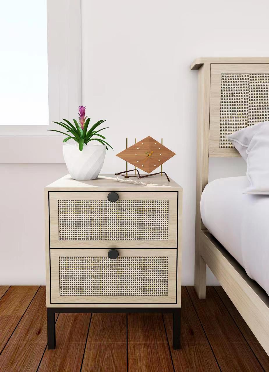 Side Table with Natural Rattan and Steel Tube Frame