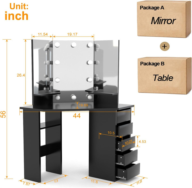 Corner Makeup Vanity Desk with Lighted Mirror and 5 Drawers