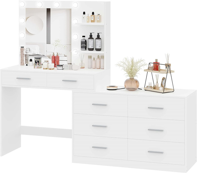 Makeup Vanity Desk with Mirror and 3-Color Lights, 8 Drawers