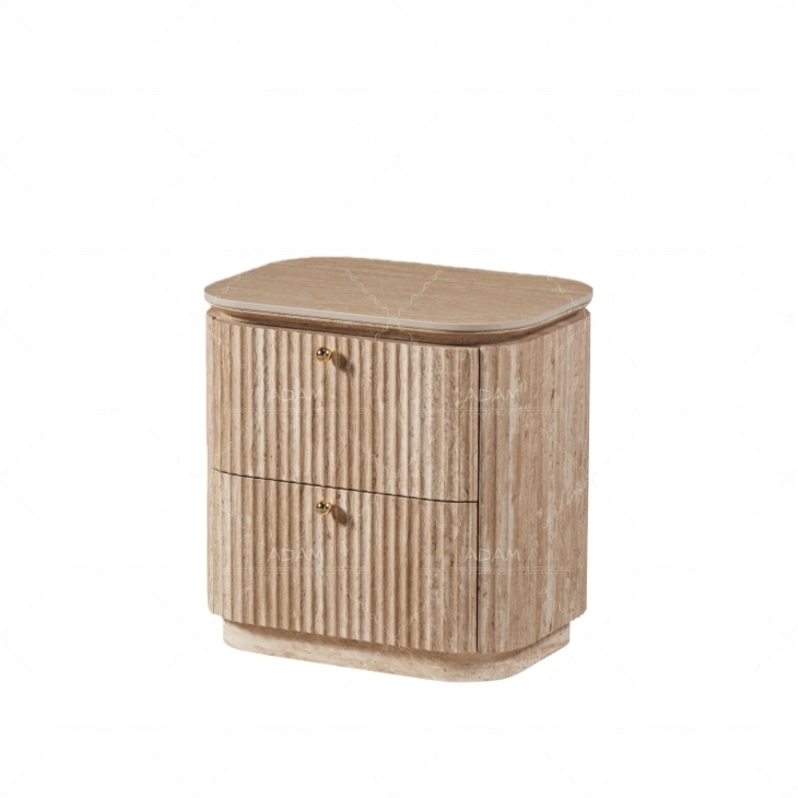 Ceramic MDF Bedside Table with Fluted Face and Travertine Paper