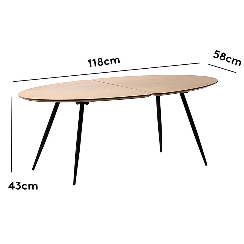 Modern Oval Coffee Table, Natural Wood Grain MDF Top, Black Metal Legs