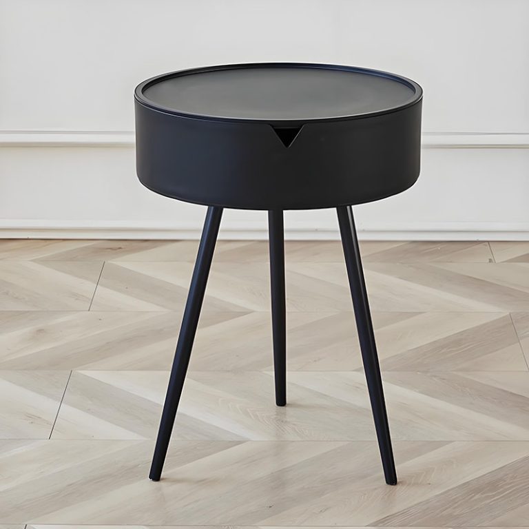 Modern Round Bedside Table with Hidden Storage and 3 Metal Legs
