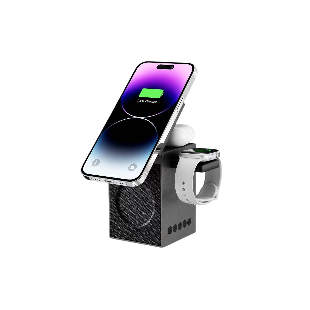 3-in-1 Wireless Charging Station with Bluetooth Speaker and Alarm Clock