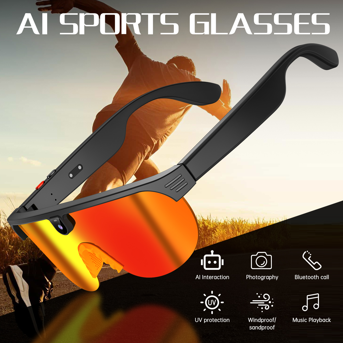 Smart Sports Glasses with HD Camera, Video, Waterproofing, Translation, and Music Playback