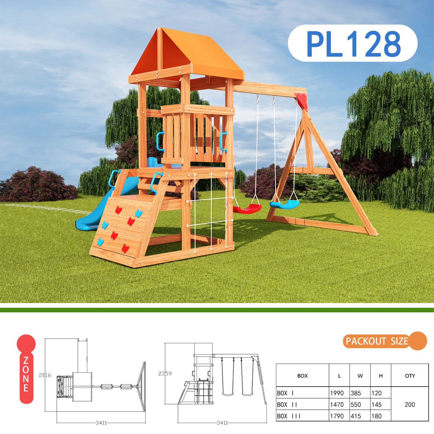 Home playground swing set with slide, playhouse, sand pit, and climbing frame