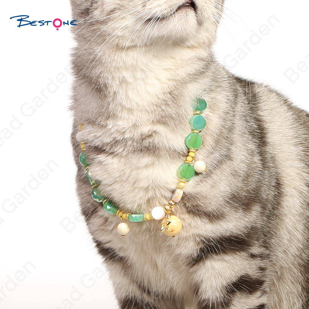 Pet Collar Necklace with Green Glass Beads and Pendant