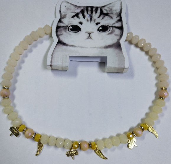 Flesh Glass Beads Dog Collar Necklace with Wing Pendant