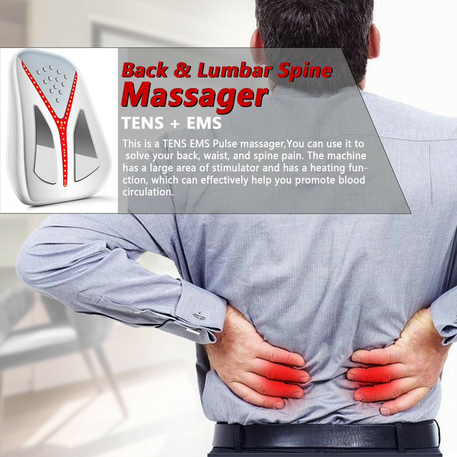 EMS Back Pain Therapy Massager with Vibration, Heating, and Electrode Pads