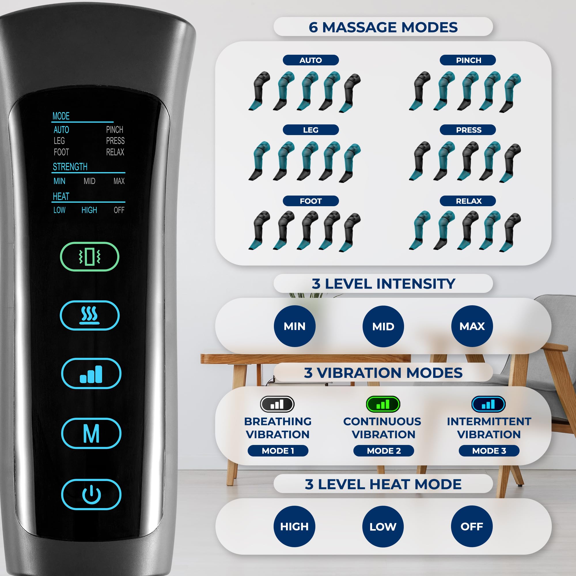 Air Compression Leg Massager with 3 Intensity Levels and 2 Modes