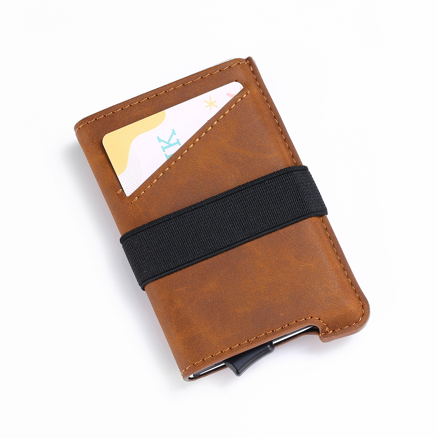 Handmade Slim Oil Wax Leather Pop-Up Aluminum ID Card Holder with Lanyard