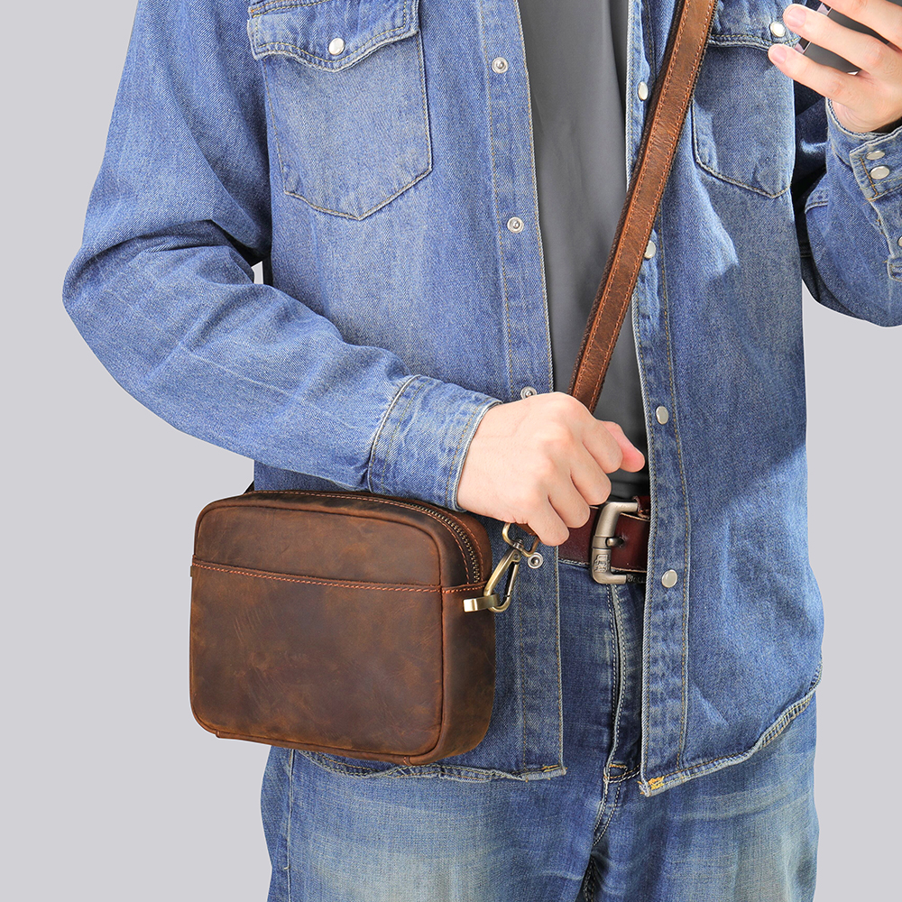 Crazy Horse Leather Small Messenger Bag for Men