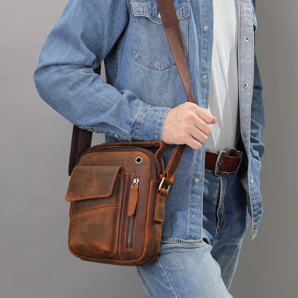 Crazy Horse Leather Handbag Satchel Shoulder Bag Men's Messenger Crossbody Bag