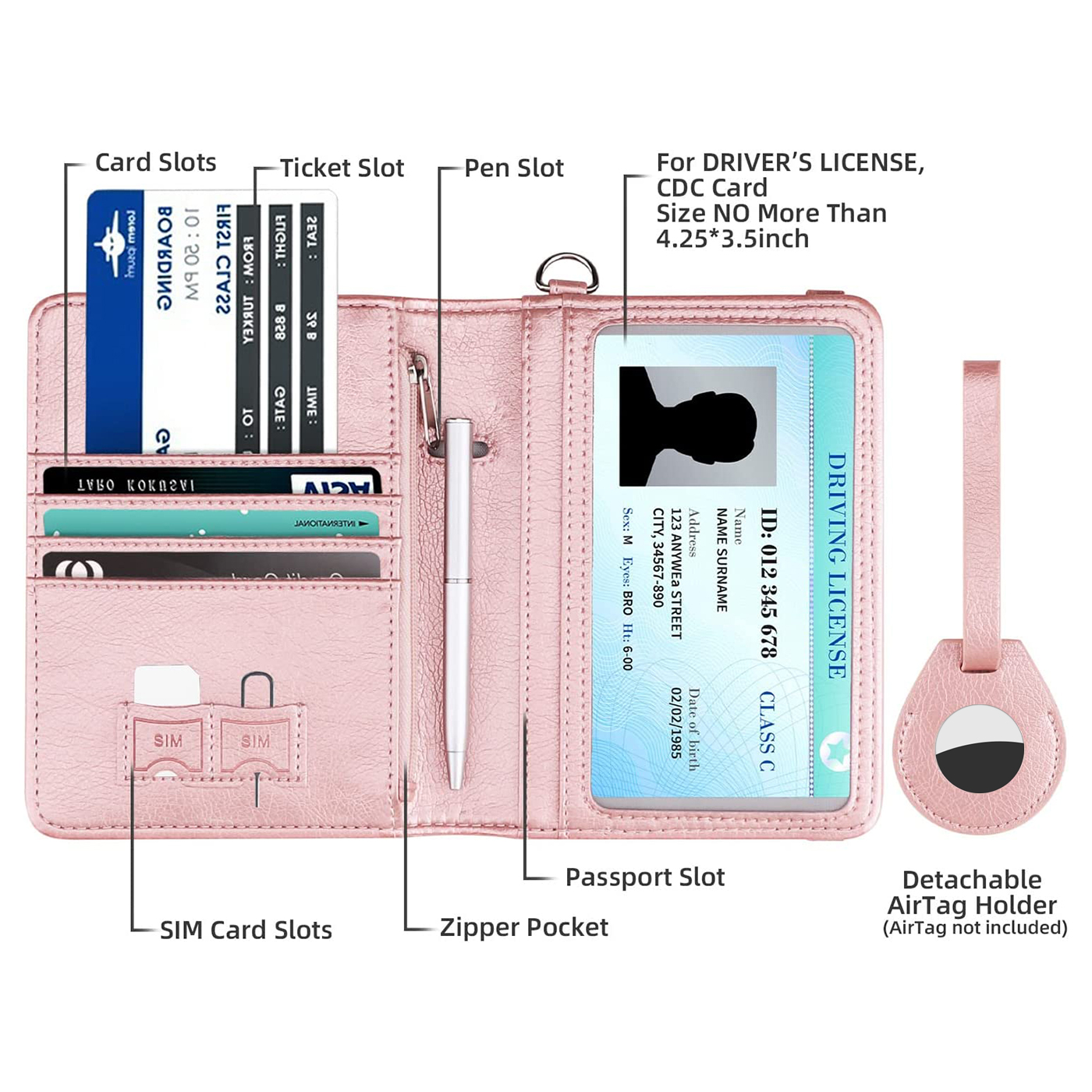 RFID Blocking PU Leather Family Travel Wallet with Passport Sleeve and Airtag Holder