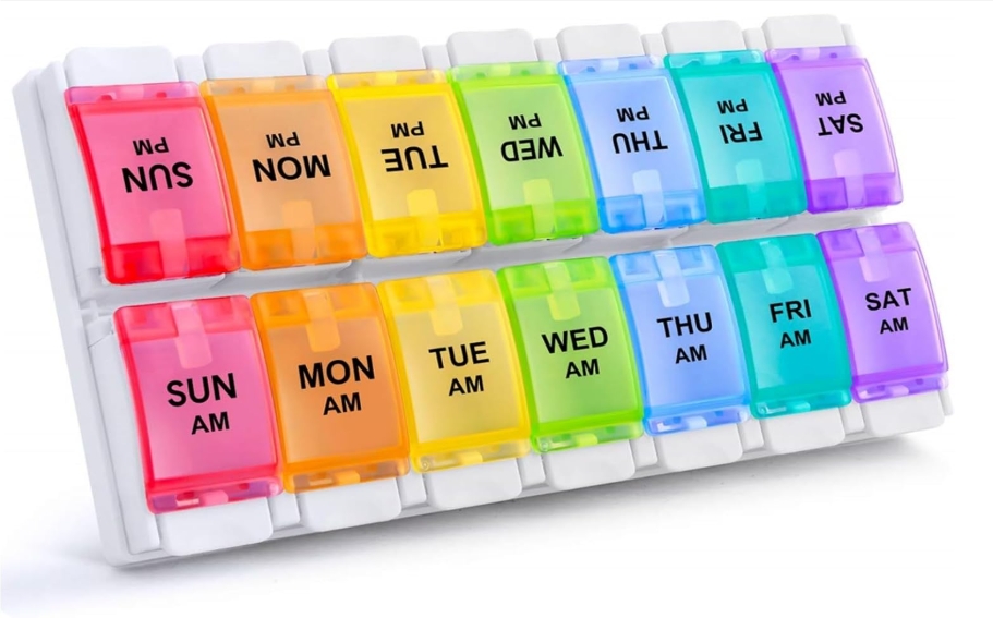 Portable Weekly Large Daily Pill Organizer with Easy Push Button Design and Detachable Rainbow Pill Box