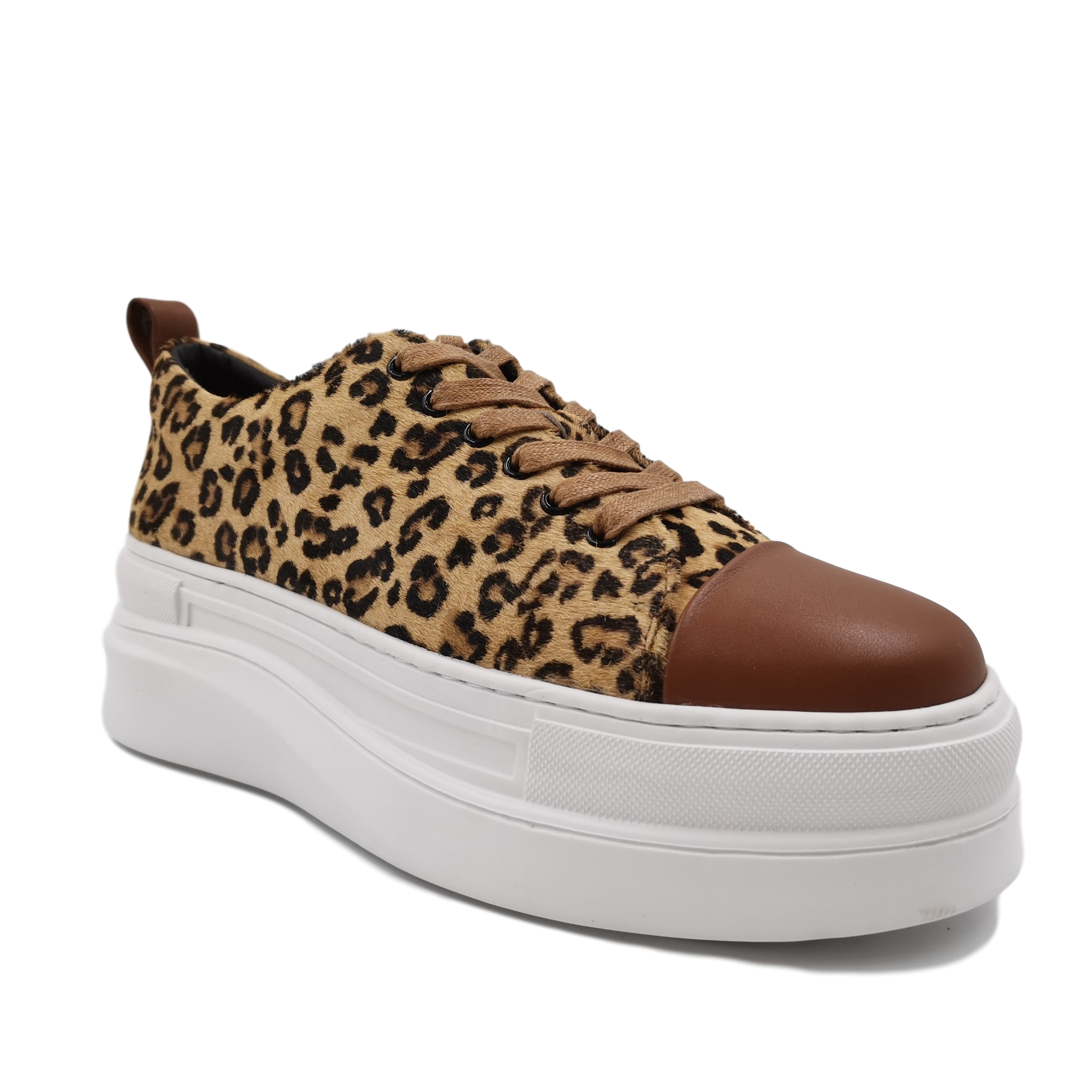 Cow Leather Leopard Print Pony Hair Platform Casual Sneakers for Women