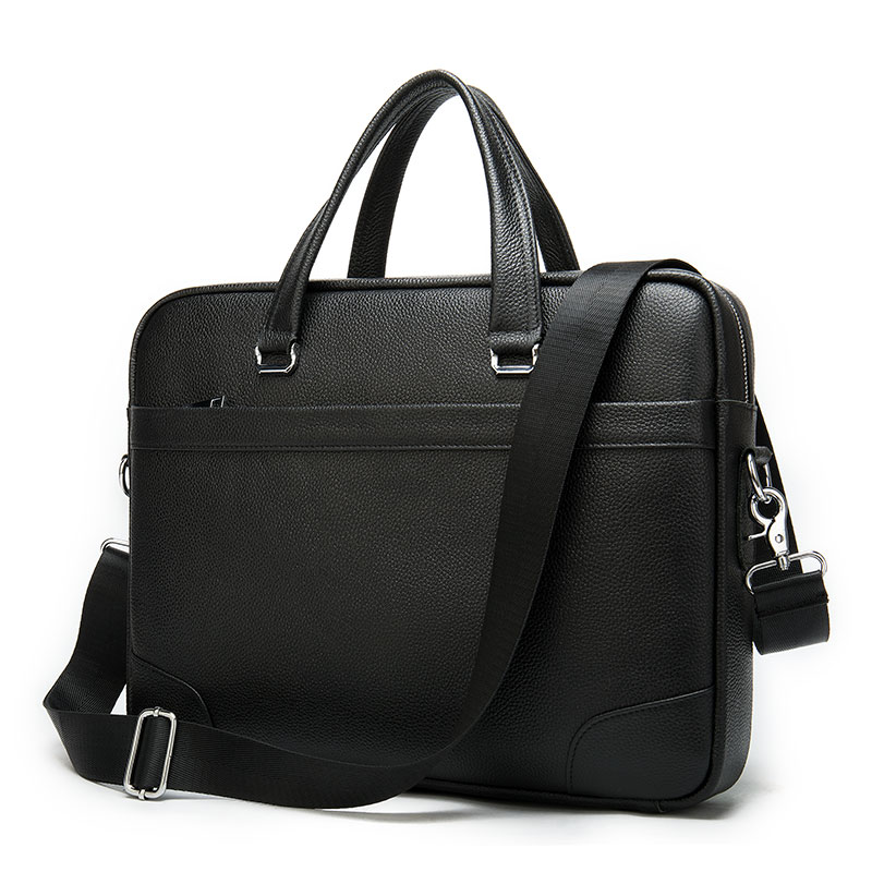 Expandable Black Cowhide Leather Handbag Briefcase for Men