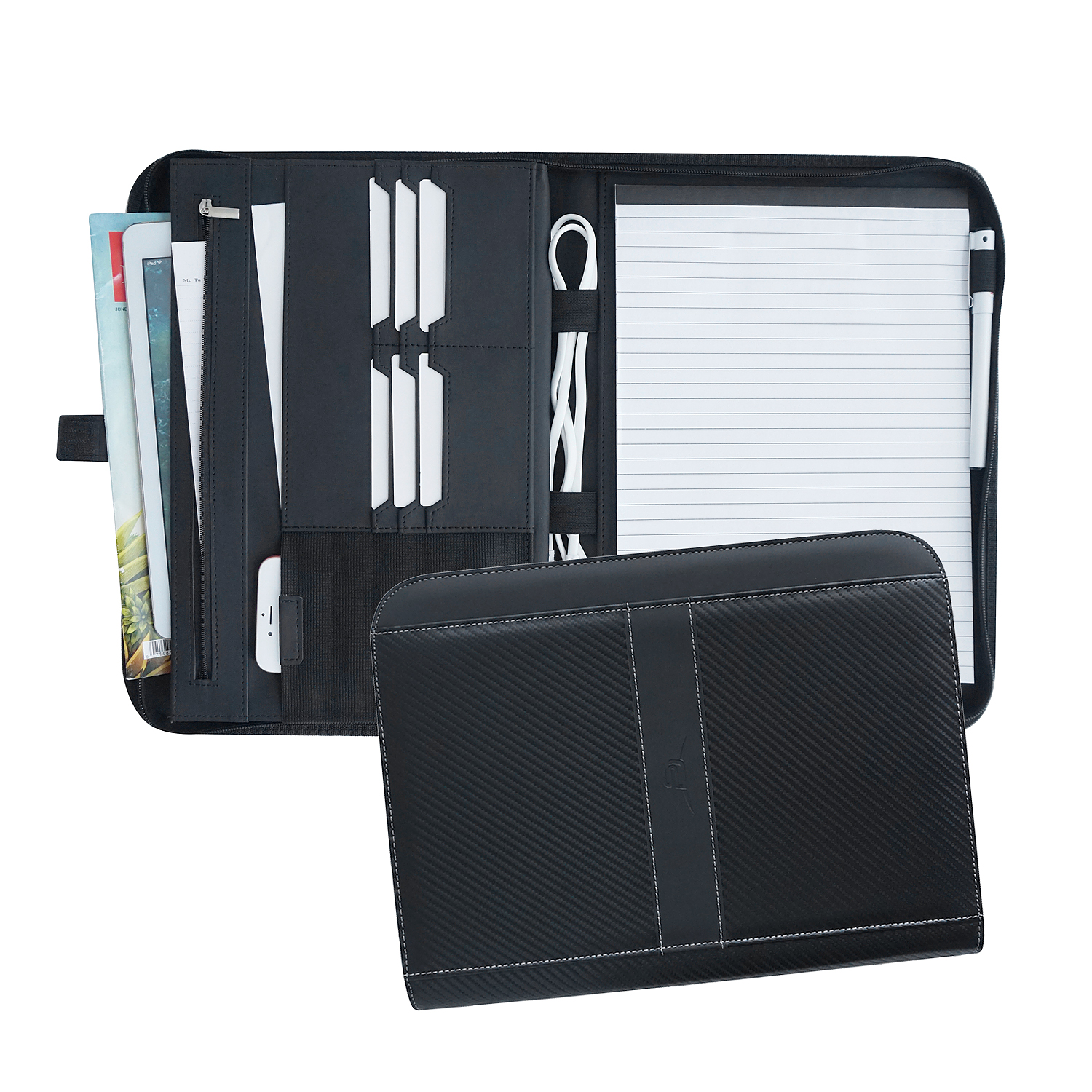 Business File Folder Legal Size Notepad Clipboard Carbon Fiber Leather Portfolio Organizer Bag