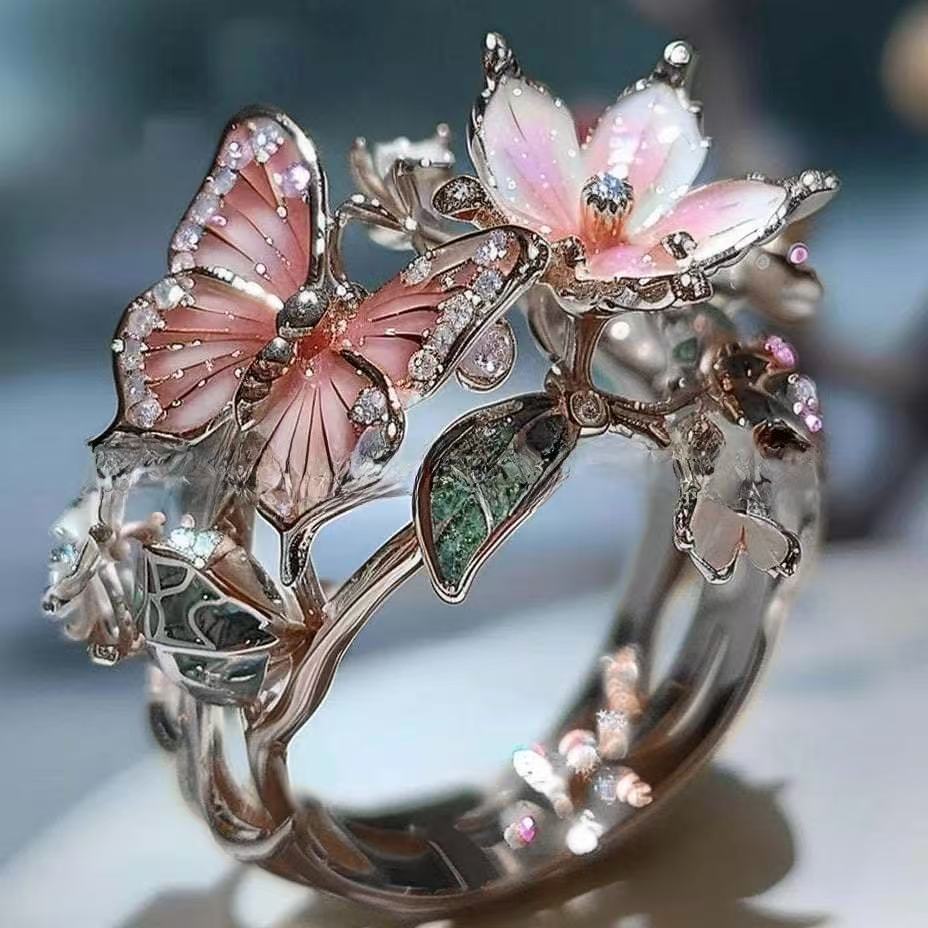 Women's Fashion Color Drip Oil Butterfly Flower Open Ring