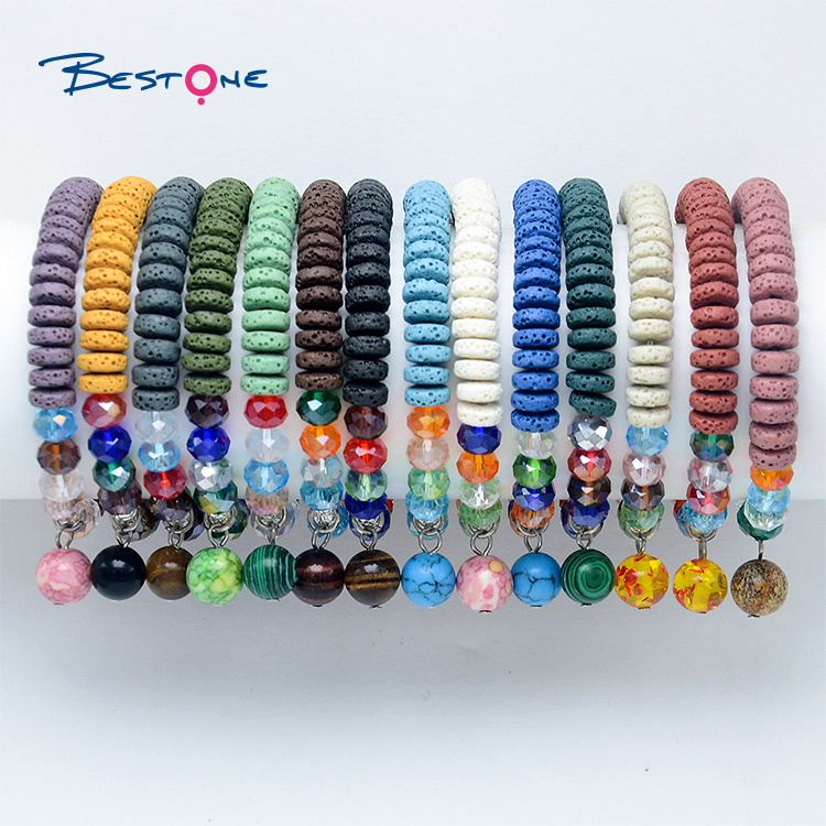 Lava Bead Bracelet with Glass Beads and Semi-precious Stone Pendant