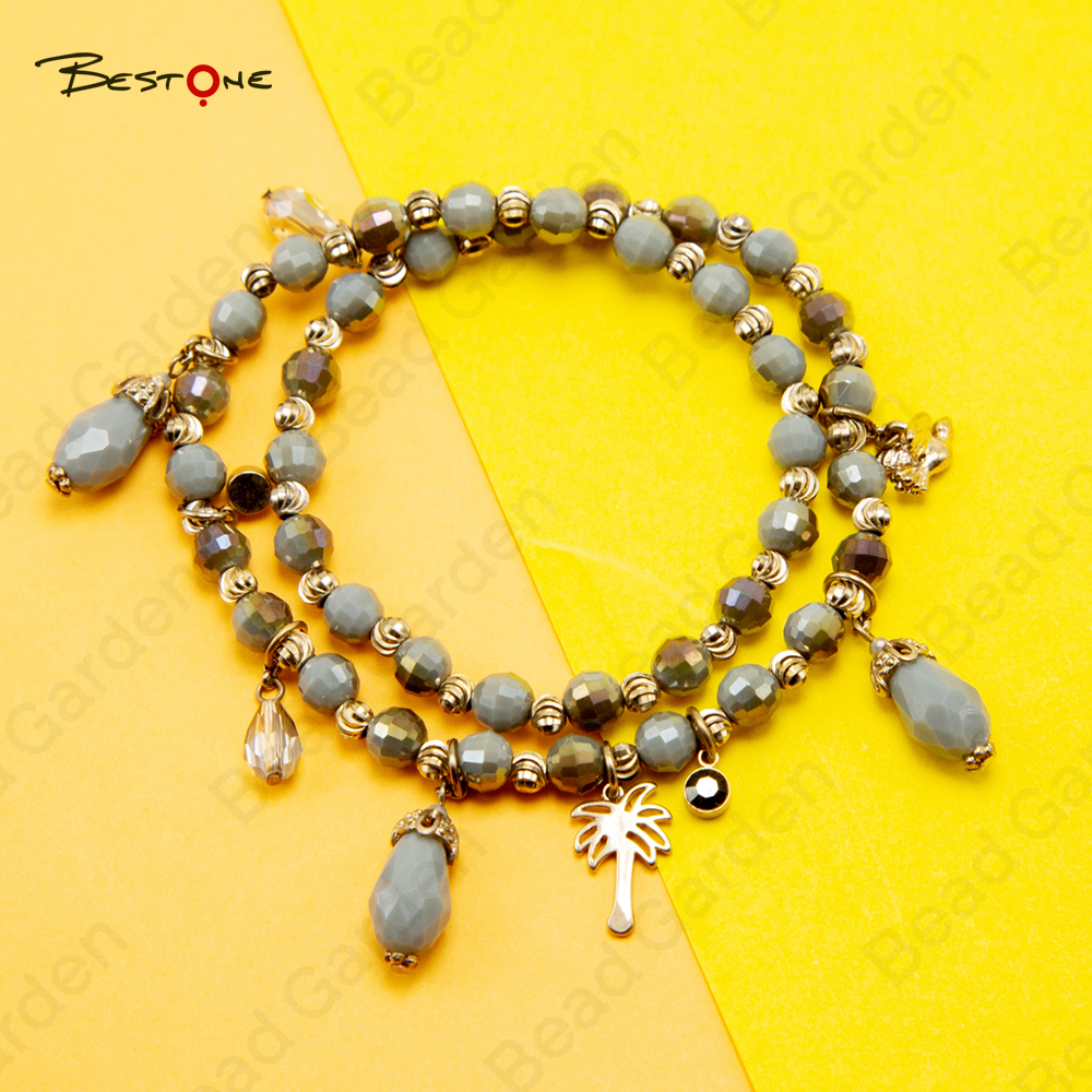 Multi-Circle Gray Glass Bead and Zinc Alloy Bracelet