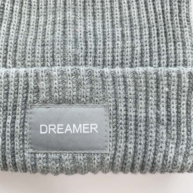 Ladies Double Layer Rib Knit Hat with Patch at Cuff