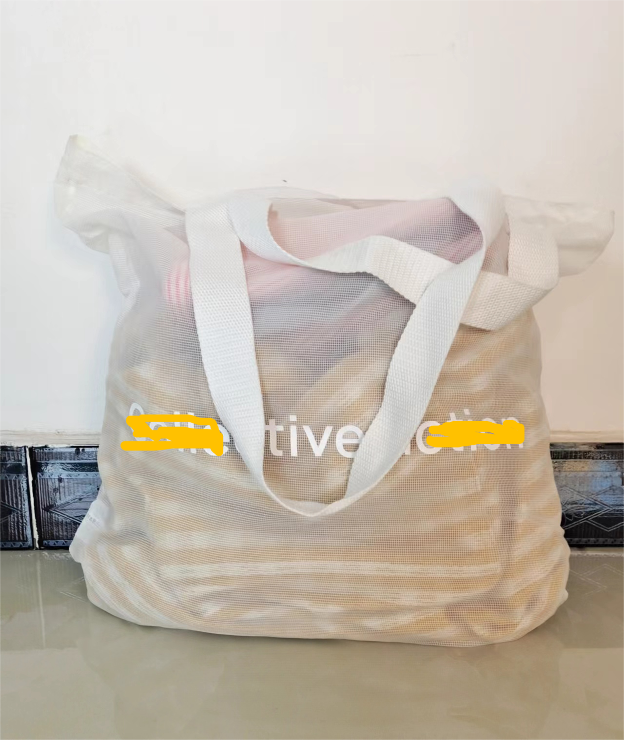 Customizable Mesh Fabric Tote Bag with Webbing Handle and Pockets