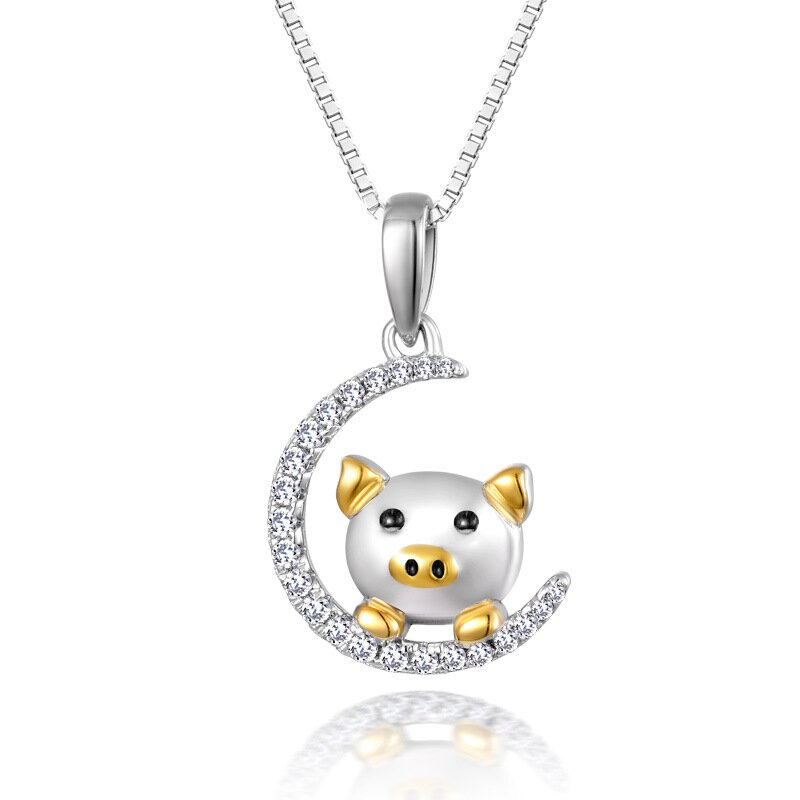 S925 Sterling Silver Year of Life Piglet Moon Necklace Pendant