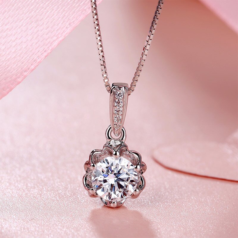 S925 Sterling Silver Zircon Crystal Flower Collarbone Necklace Pendant