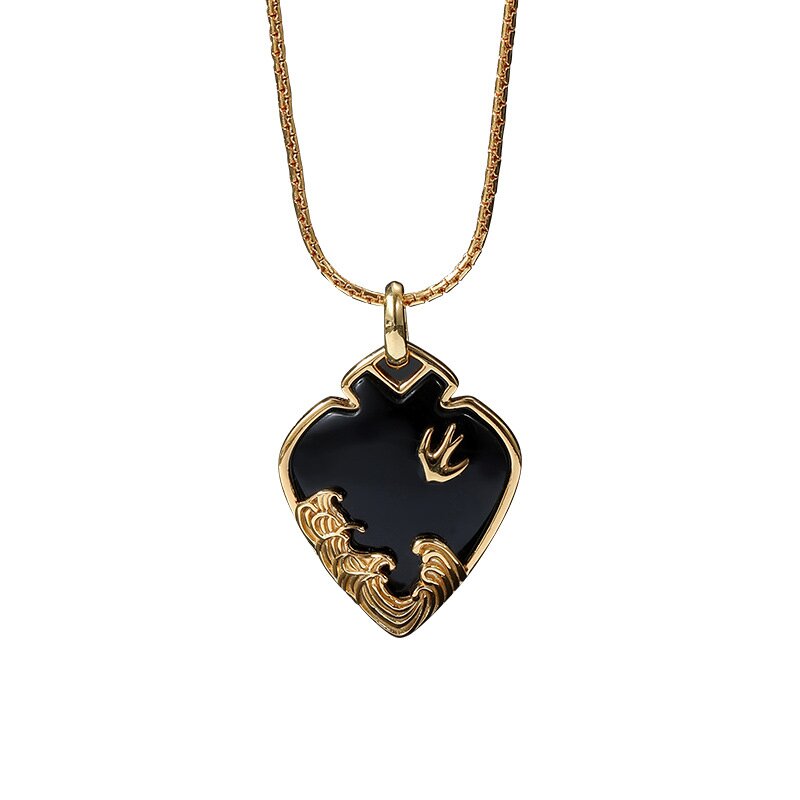 S925 Sterling Silver Heart-shaped Natural Obsidian Couple Necklace