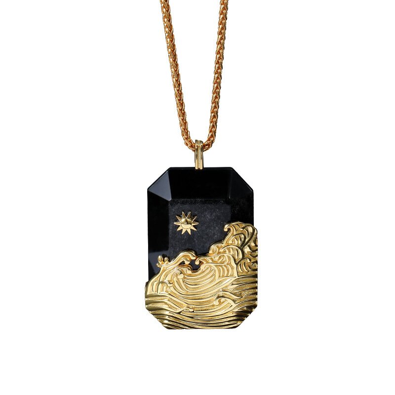S925 Sterling Silver Natural Obsidian Punk Vintage Carved Necklace for Men