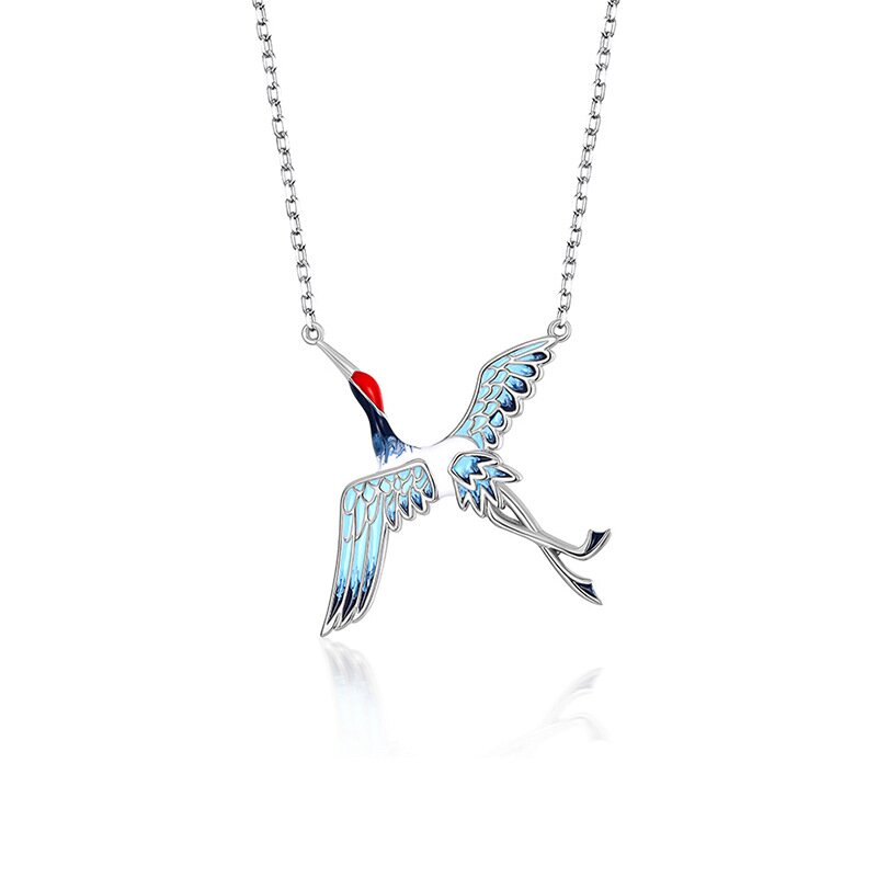 S925 Sterling Silver Crane Necklace with Low-Temperature Enamel
