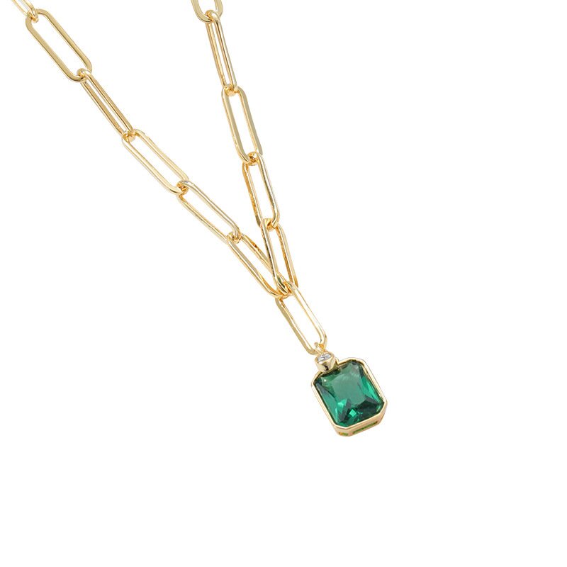 Geometric Square Green Crystal Pendant Necklace