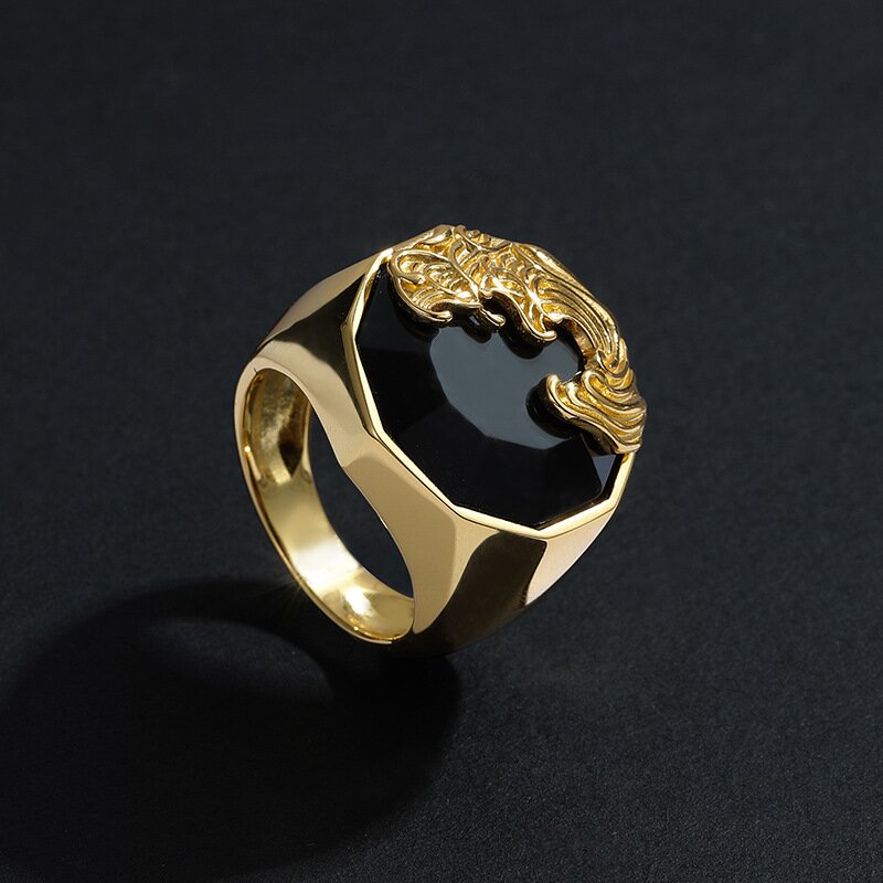 European and American Fashion Sterling Silver Obsidian Retro Men's Ring