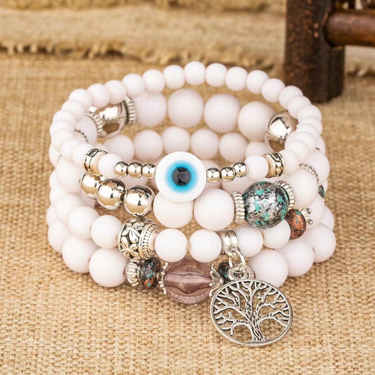 Bohemian Style Frosted Glass Bead Tree of Life Pendant Bracelet
