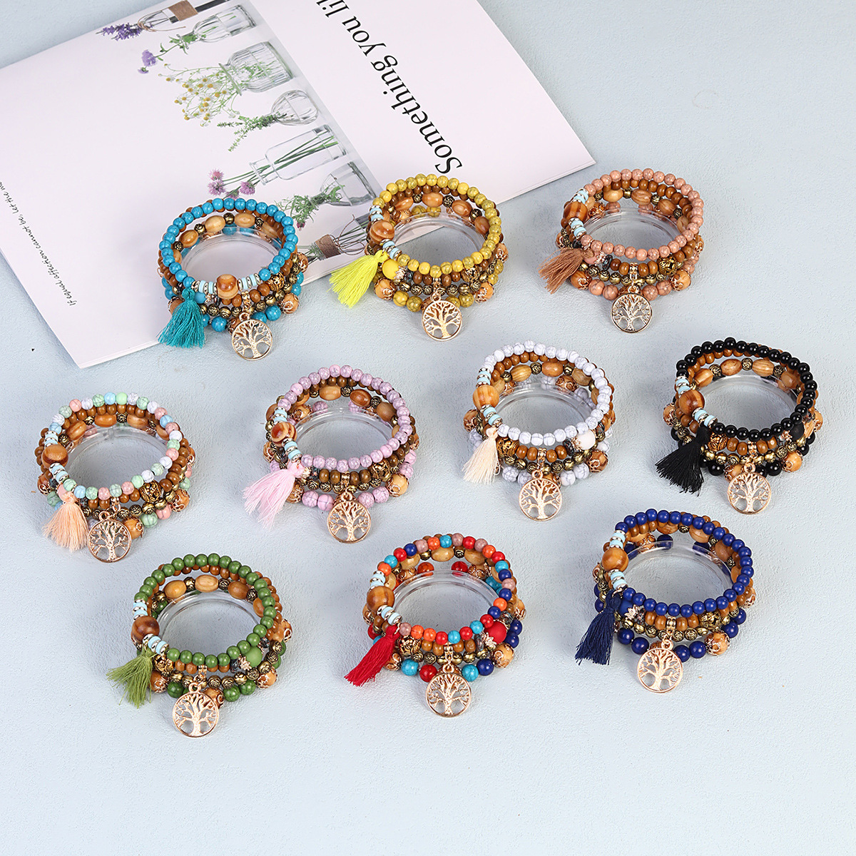 Round hollow tree pendant multi-layer handmade bead bracelet