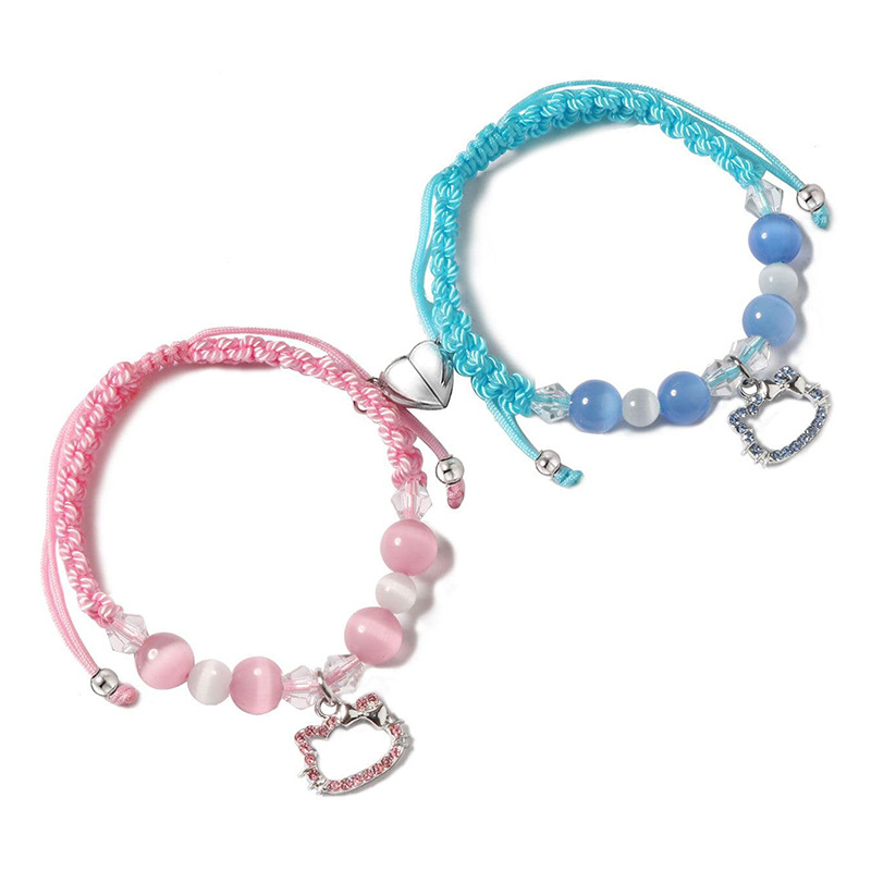 Kitty Cat Couple Bracelet with Cat Eye Stone and Magnetic Attraction