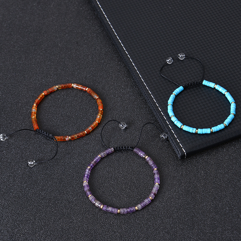 Colored Stone Bead Weaving Bracelet Natural Amethyst Agate Adjustable