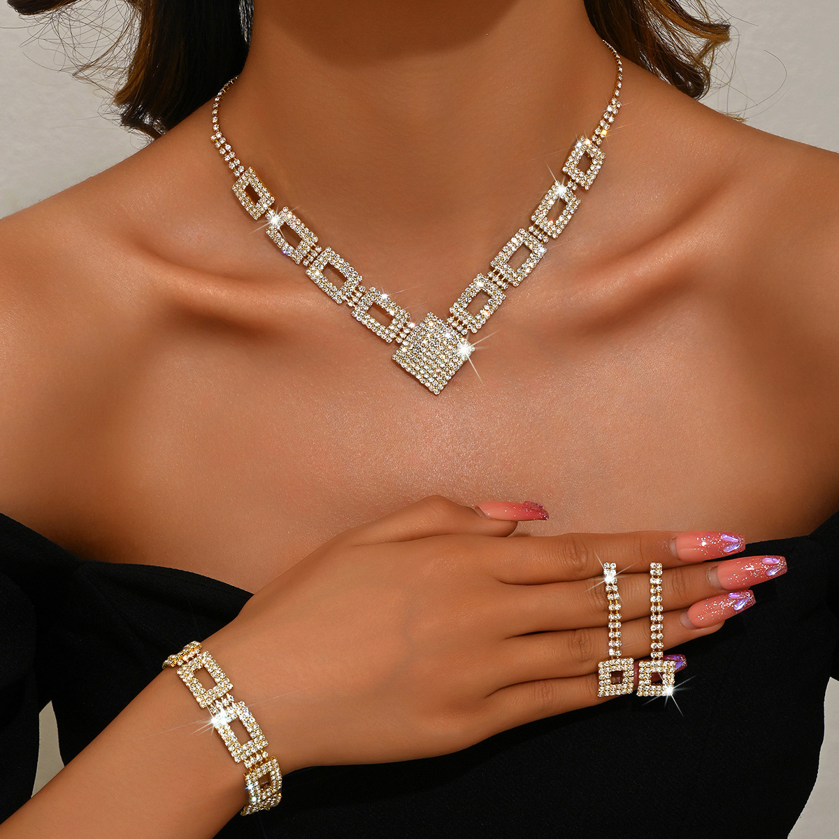European and American high-end full diamond three-piece jewelry set
