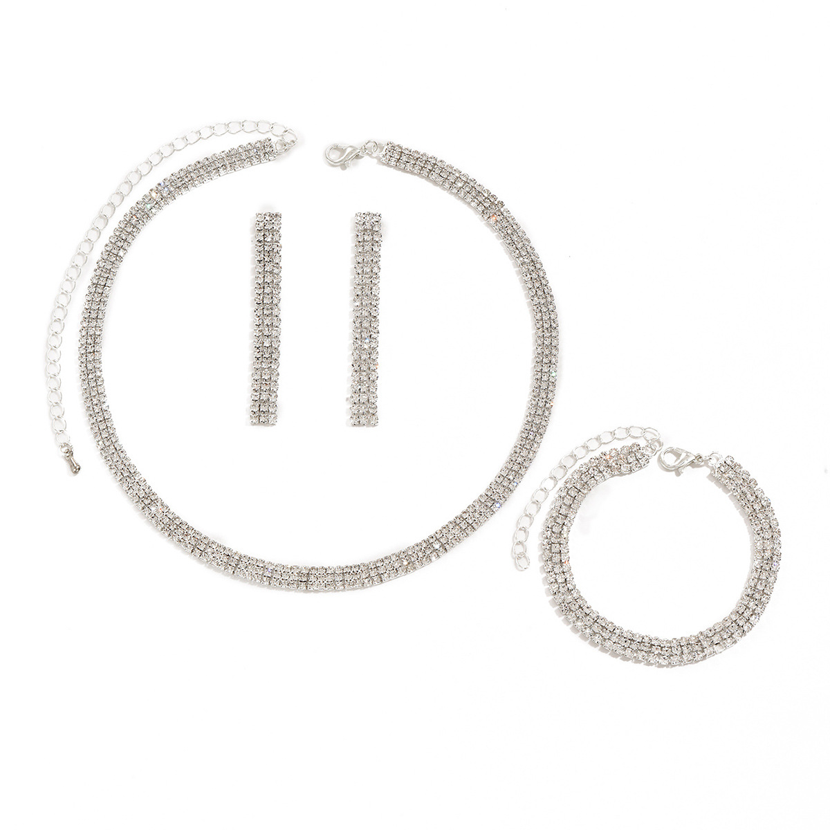 Three-piece wedding jewelry set: necklace, earrings, and bracelet