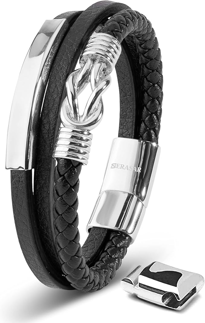Amie Men's Black Leather Wristband with Magnetic Buckle