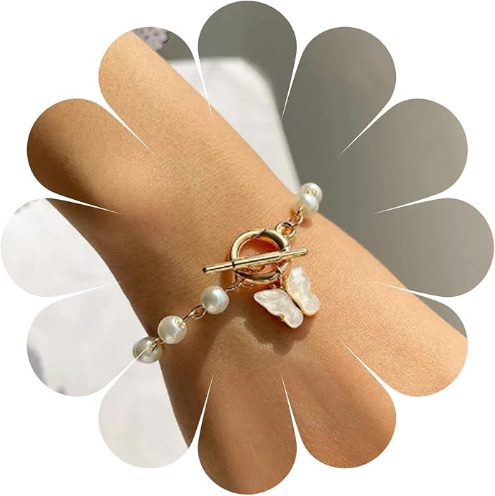Amie Bohemian Style Pearl and Butterfly T-Bar Clasp Bracelet