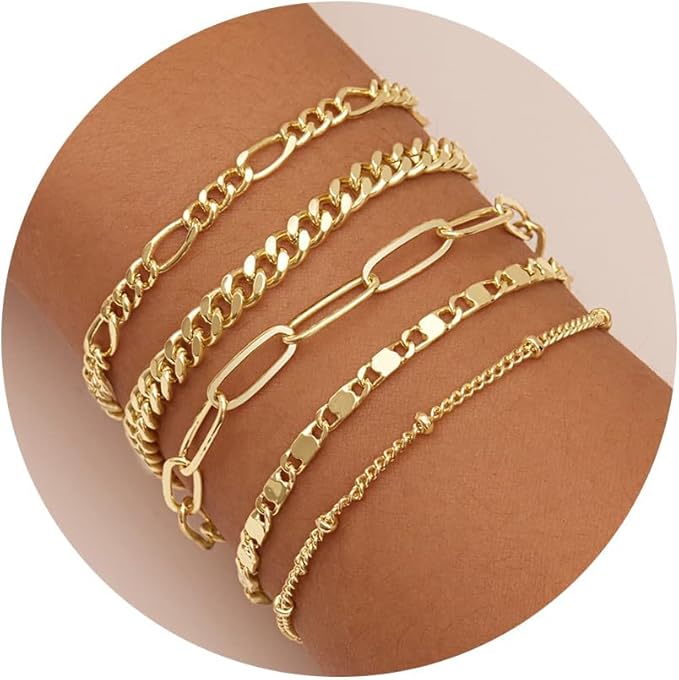 Amie Golden Layered Bracelet with 14K Gold-Plated Paperclip Cuban Figaro Mirror Bead Chain