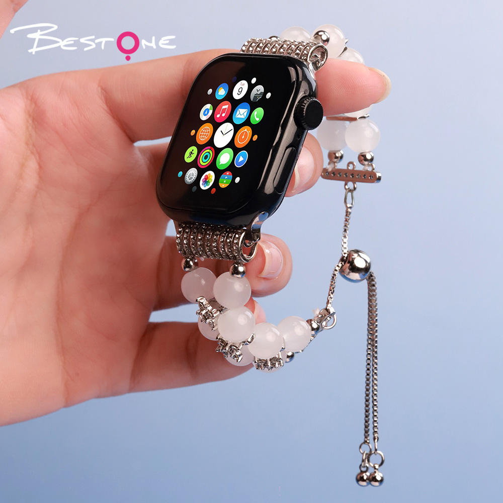 Handcrafted Beaded Watch Band with Natural Stones and Imitation Crystals
