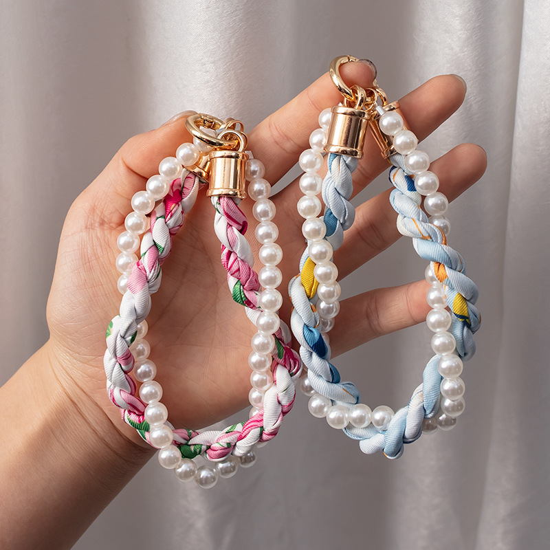 Short Wrist Strap for Phone Case with Braided Scarf and Pearl Decor