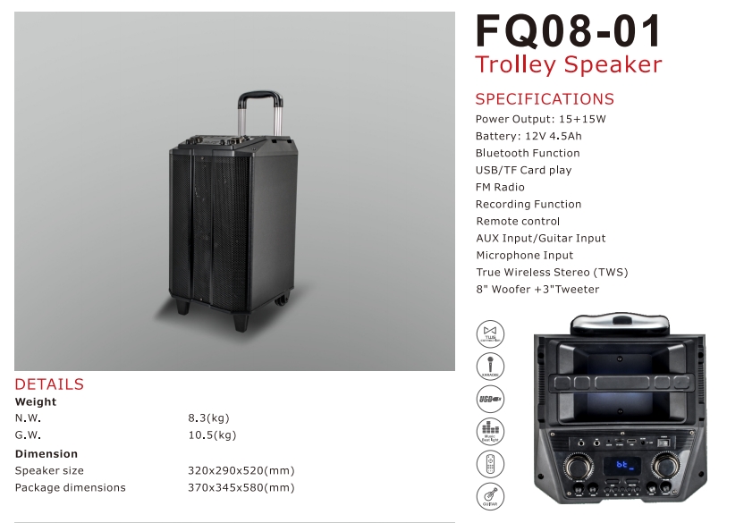 FQ08-01 Bluetooth Trolley Speaker with 15W+15W Output