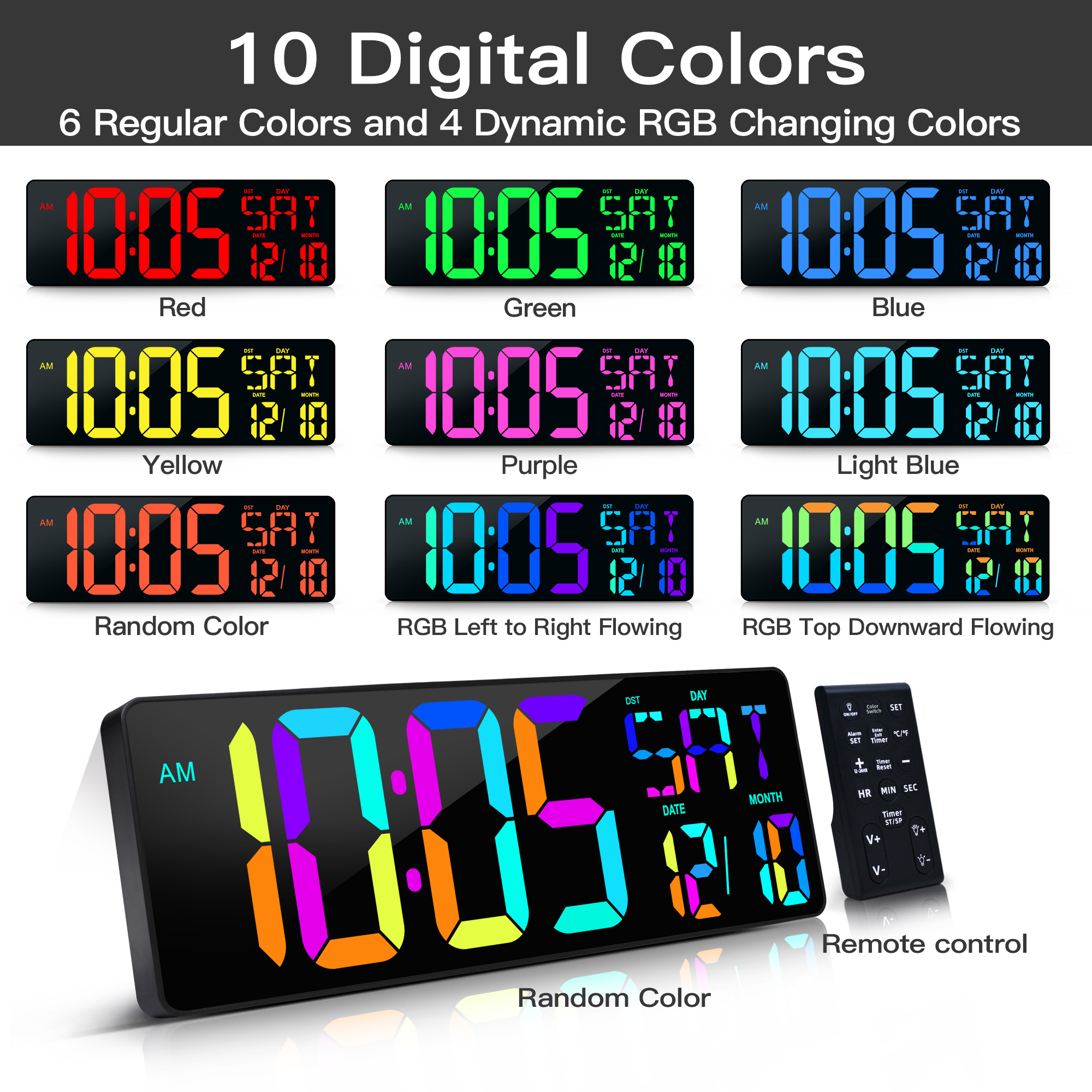 17.2" Large LED Electronic Digital Wall Clock with Remote Control
