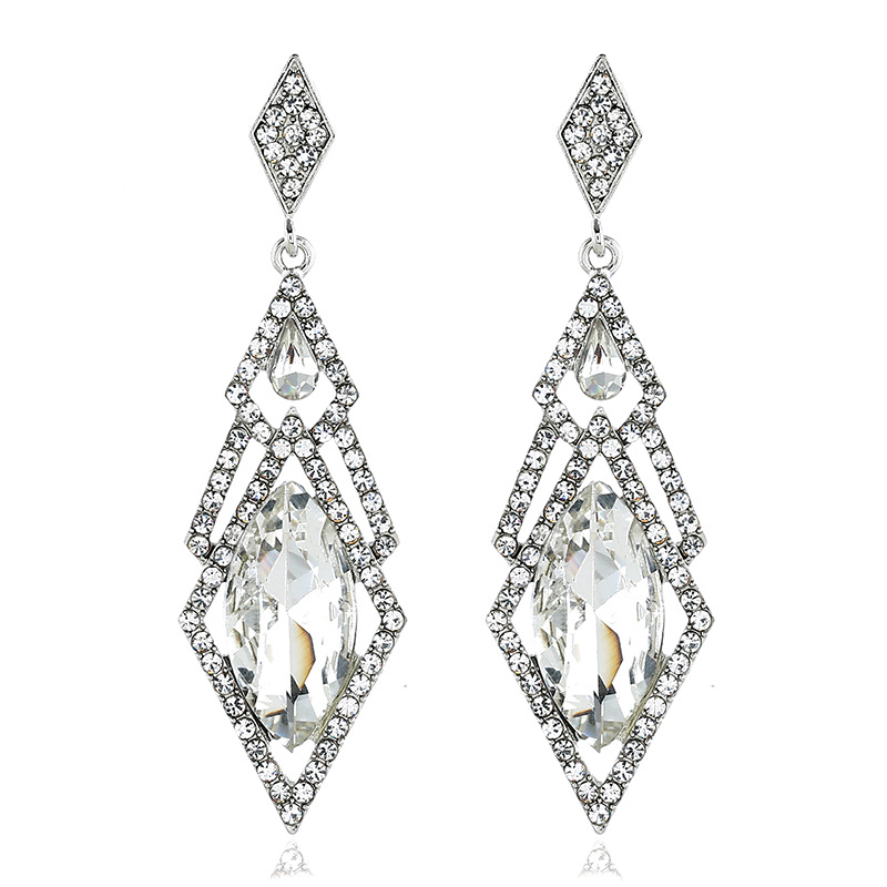 Long Geometric Rhombus Crystal Dangle Earrings