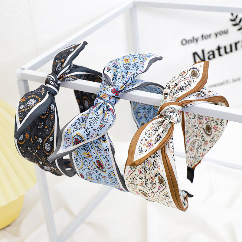 Korean Style Printed Fabric Wide Headband with Bow