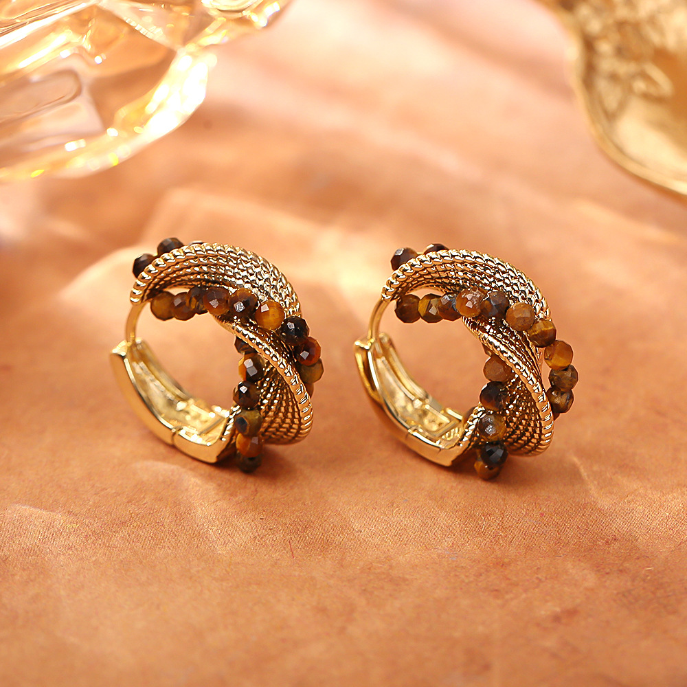 Women's Luxury Mocha Tone Circle Earrings with Tiger Eye Stone