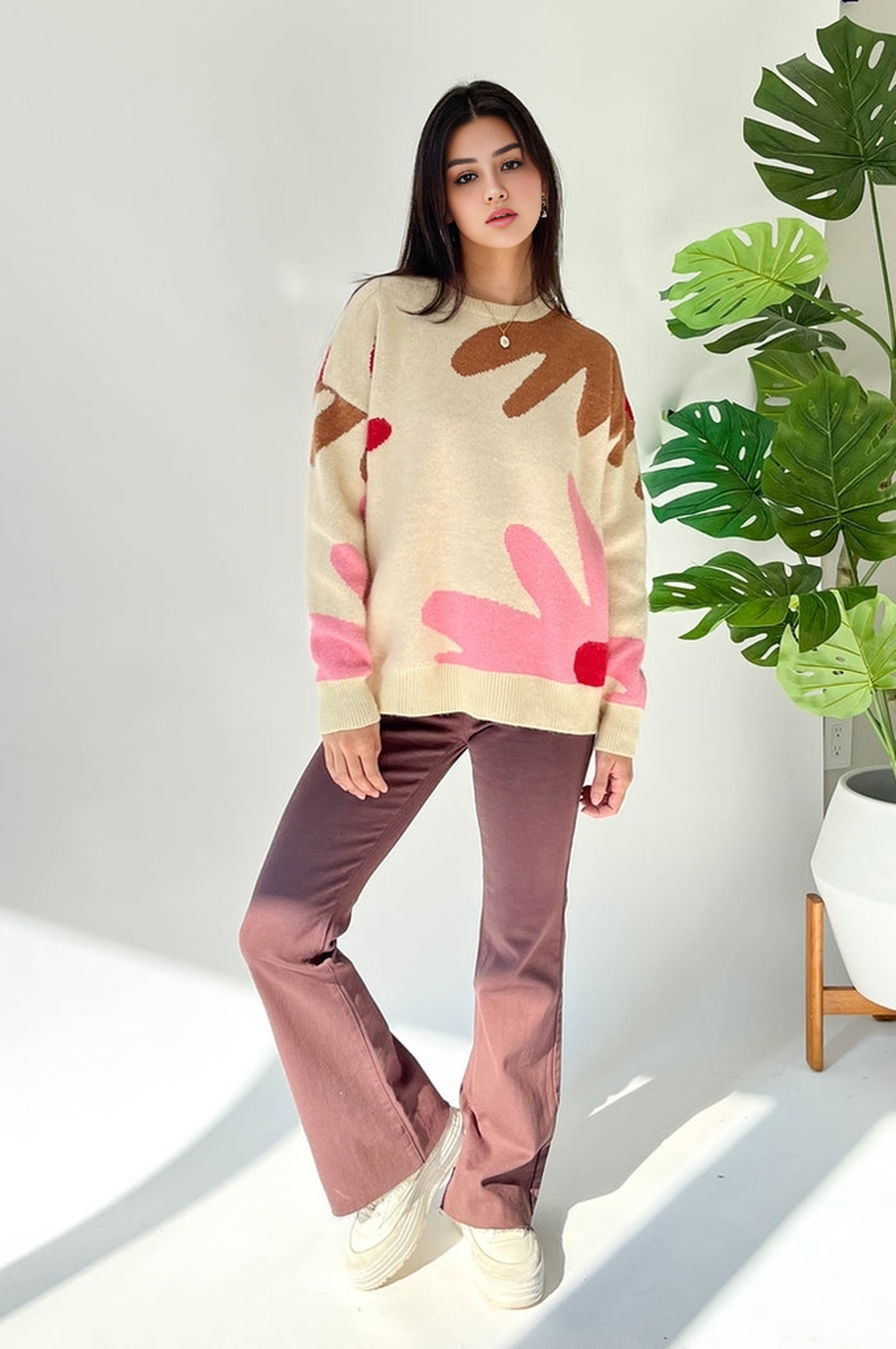 Women's Long Sleeve Woolen Knitting Pattern Pullover Sweater